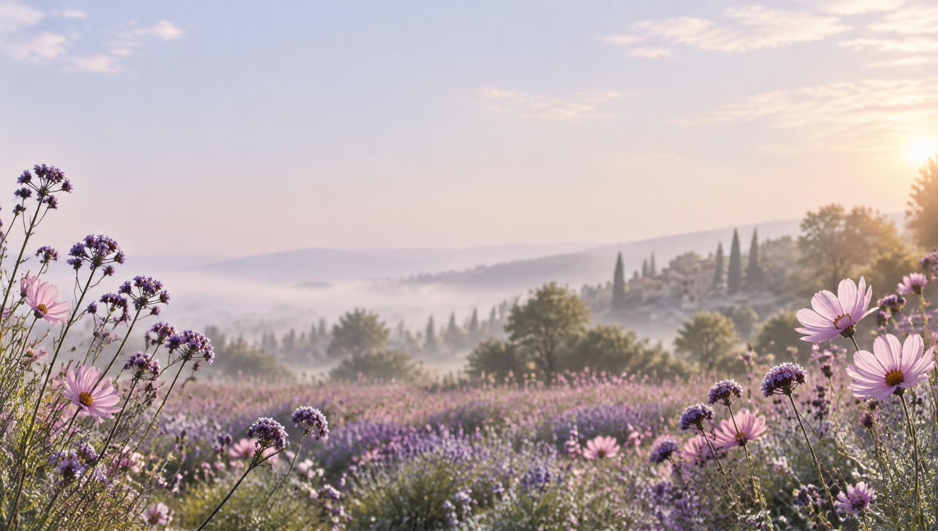 Un jardin de fleurs violettes et roses baigné de lumière